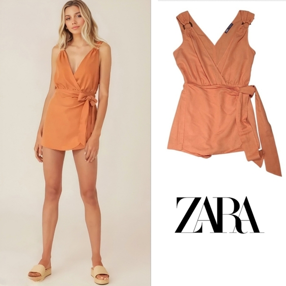 Zara Crossover Tied Wrap Dress Romper W/ Shorts Orange Size Extra Small - Picture 16 of 16